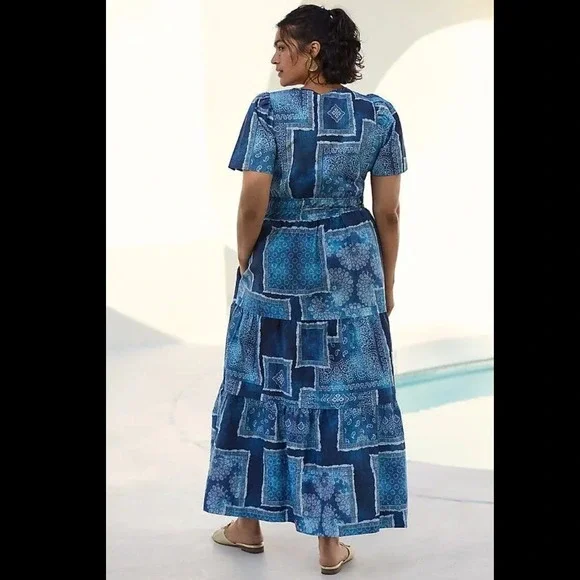 Anthro Maeve Somerset Maxi Dress XL Blue Bandana Cotton Smocked Waist NWT - Picture 4 of 13